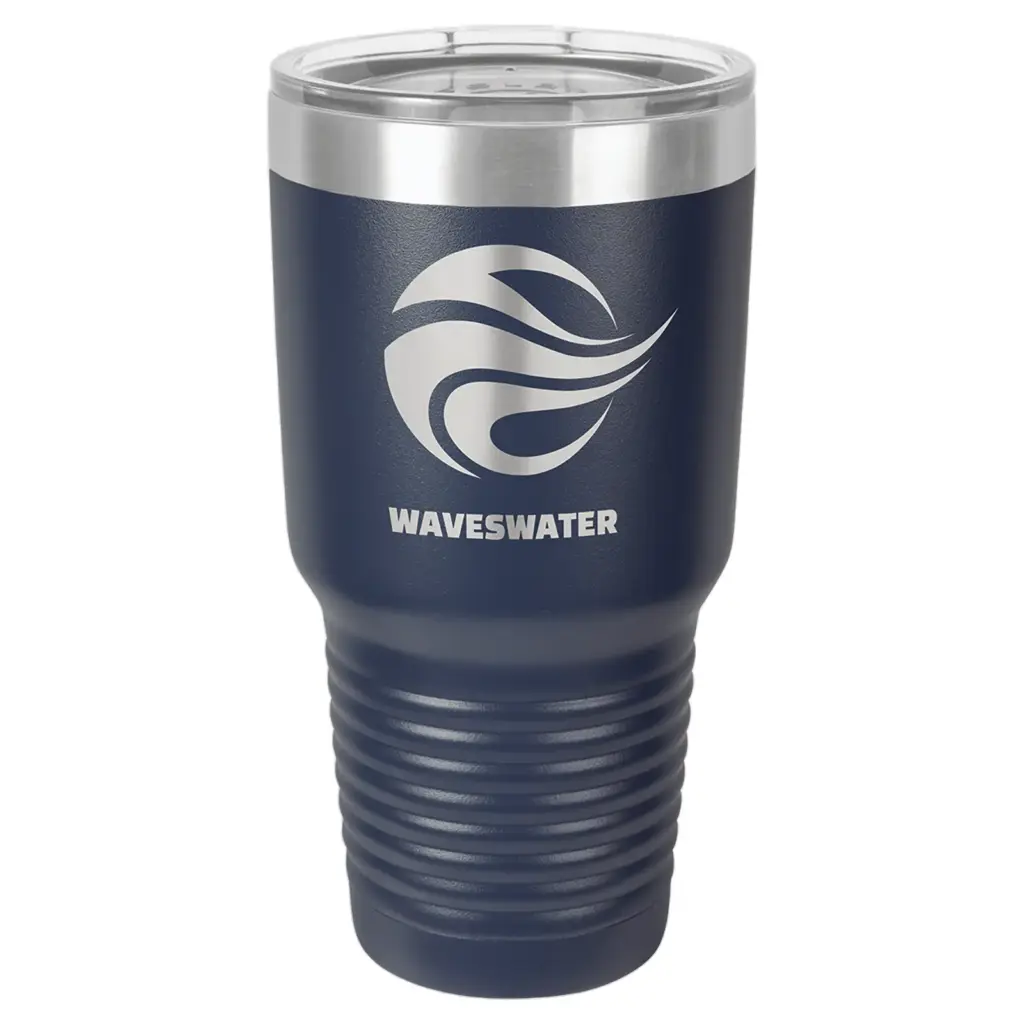 A navy tumbler laser engraved with a company logo
